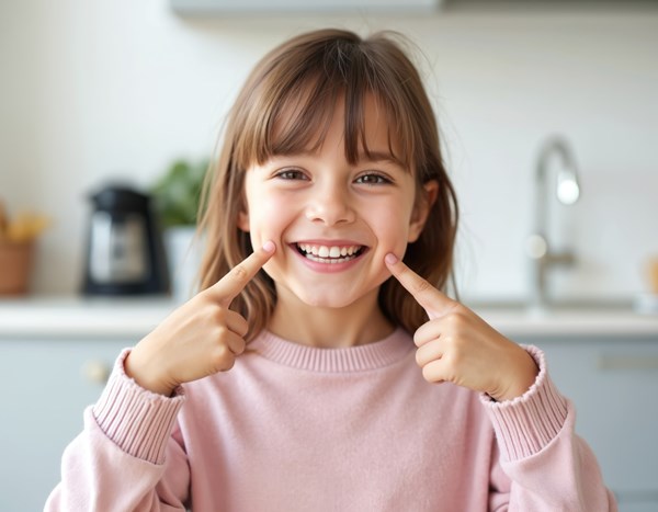 Child smiling pointing to teeth